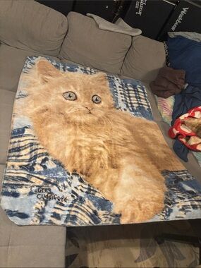 Large Plush Cat Print Throw Blanket - Tan and Blue